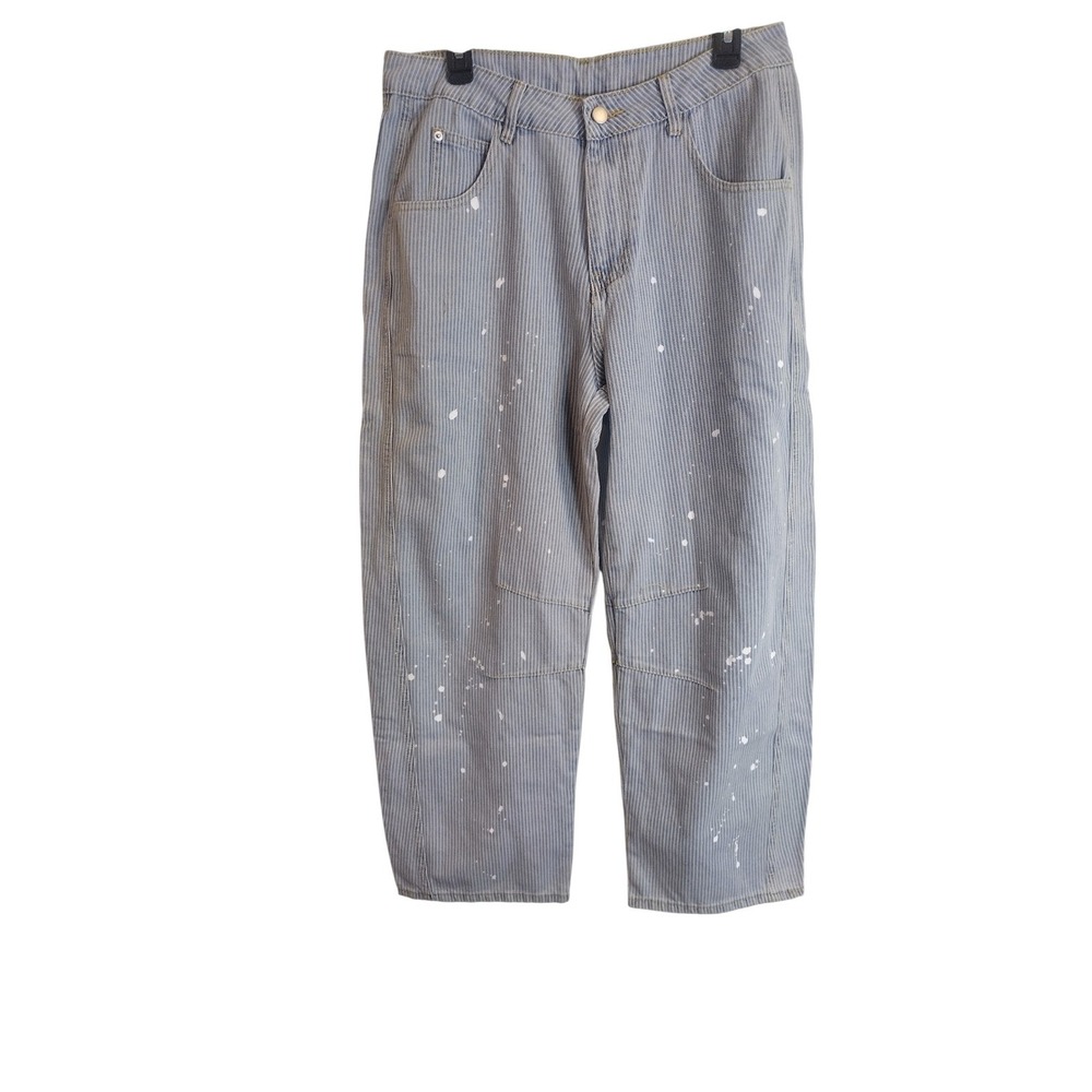 New Collection Hickory Stripe Paint Splatter Carpenter Jeans Blue White Large